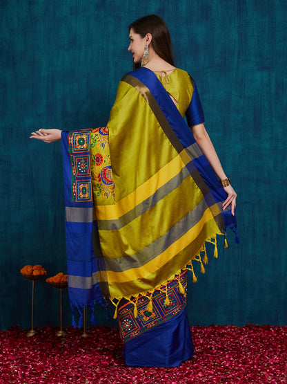 Dhiyona RV Women's Cotton Silk Heavy Kutchi Work With Peacock Design Embroidered Saree  ( KVD731 )