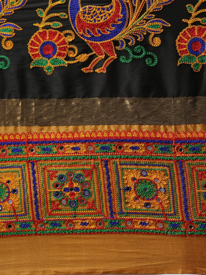 Dhiyona RV Women's Cotton Silk Heavy Kutchi Work With Peacock Design Embroidered Saree  ( KVD861 )