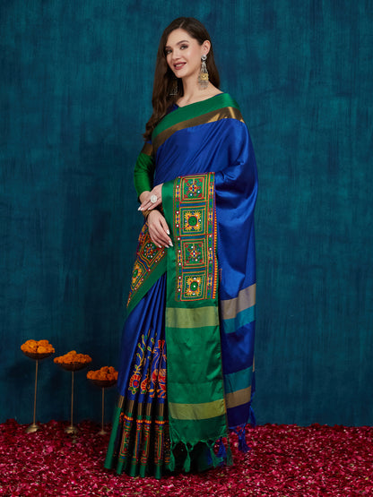 Dhiyona RV Women's Cotton Silk Heavy Kutchi Work With Peacock Design Embroidered Saree  ( KVD862 )