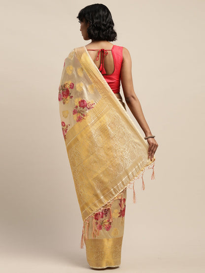 Dhiyona RV Women's banarasi Silk Zari woven Digital Printed With Contrast matching Zari woven Blouse Saree ( KVD974 )