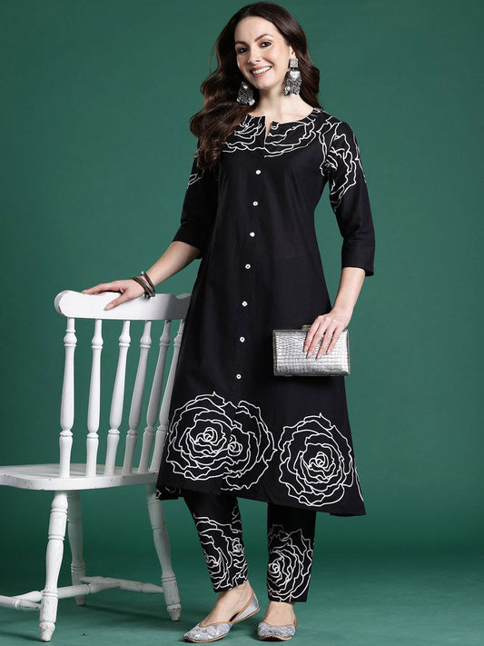 Dhiyona IE Floral Printed Pure Cotton Round Neck Tunic With Trousers Co-Ords