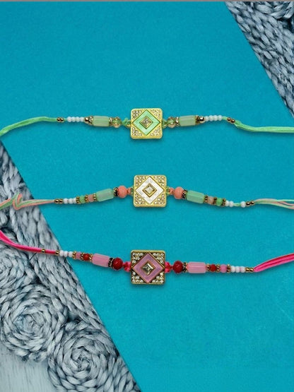 Dhiyona Set Of 3 Multicolor Ad Thread Rakhi With Roli Chawal Chandan Mishri
