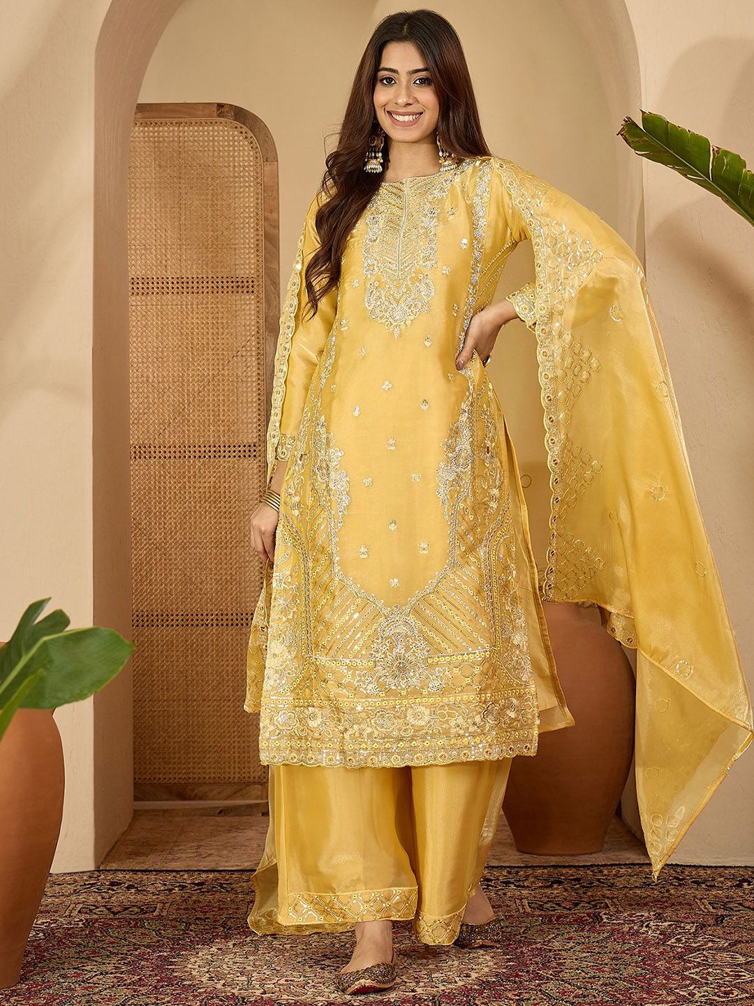 Dhiyona SN Floral Embroidered Sequinned Jimmy Choo Straight Kurta With Palazzo & Dupatta