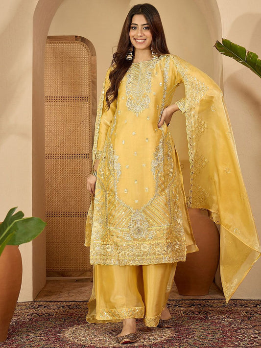 Dhiyona SN Floral Embroidered Sequinned Jimmy Choo Straight Kurta With Palazzo & Dupatta