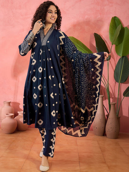 Printed Pure Cotton V-Neck Kurta & Trousers Kurta Set
