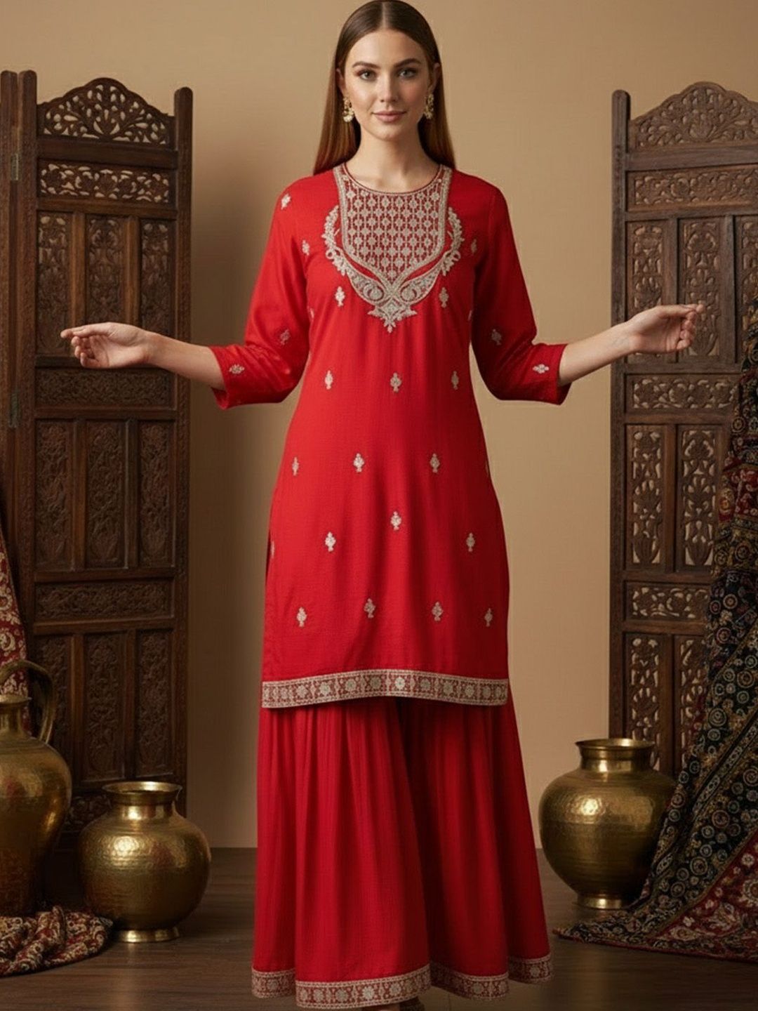 Dhiyona SN Embroidered Round Neck StraightKurta & Sharara With Dupatta