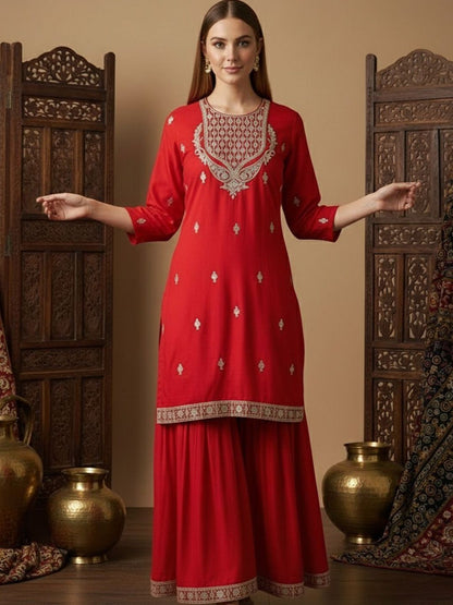 Dhiyona SN Embroidered Round Neck StraightKurta & Sharara With Dupatta