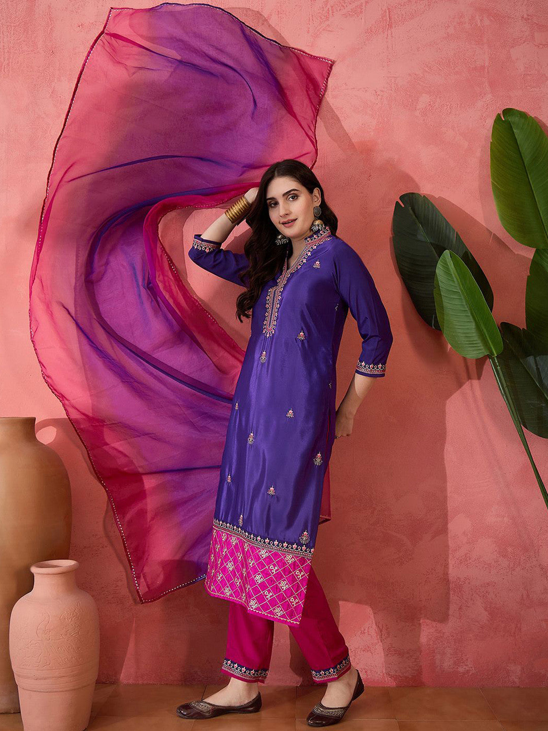 Zari Sequence Embroidered Kurta With Trousers & Dupatta