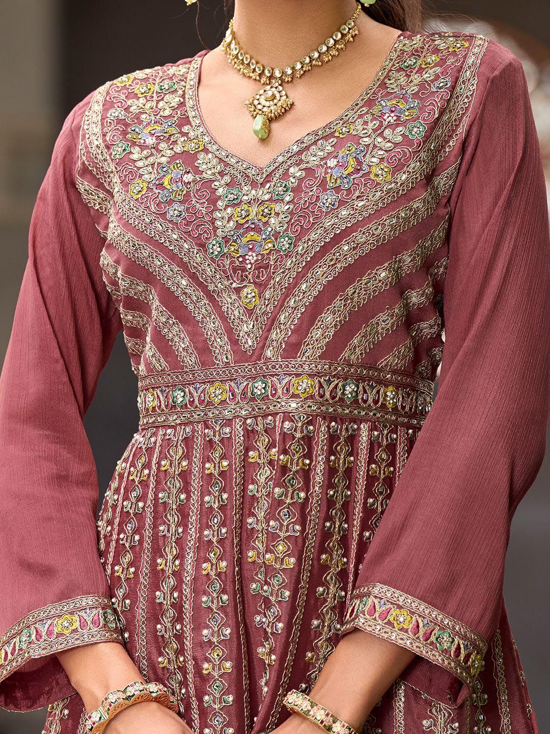 Dhiyona IE Floral Embroidered Sequinned Chinon A-Line Kurta With Palazzos & Dupatta