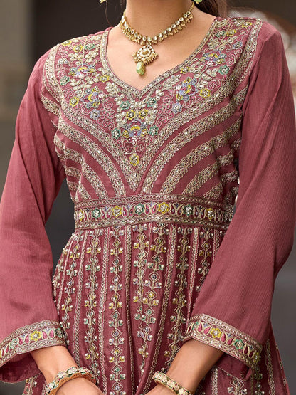 Dhiyona IE Floral Embroidered Sequinned Chinon A-Line Kurta With Palazzos & Dupatta