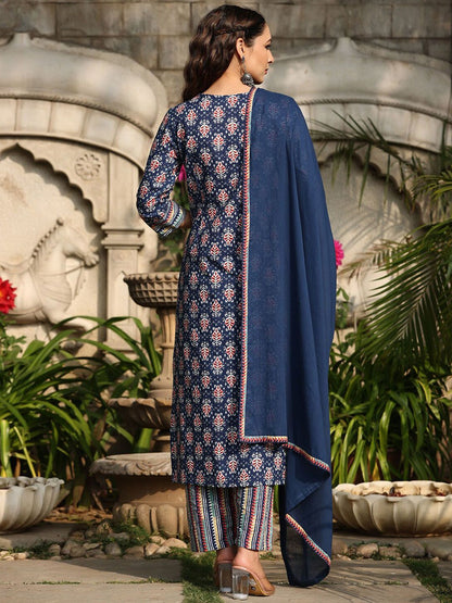 Dhiyona RR Women's Printed Regular Mirror Work Pure Cotton Kurta with Trousers & With