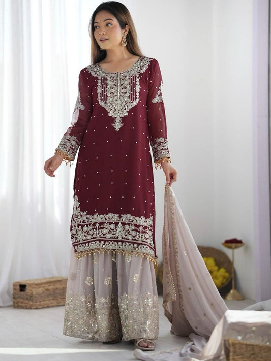 Dhiyona KL Women Ethnic Motifs Embroidered Regular Sequinned Kurta with Sharara & With Dupatta