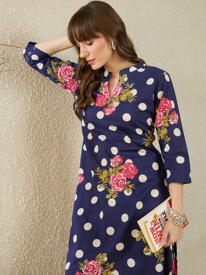 Dhiyona IE Printed Mandarin Collar Three-Quarter Sleeves Pure Cotton Tunic And Trousers