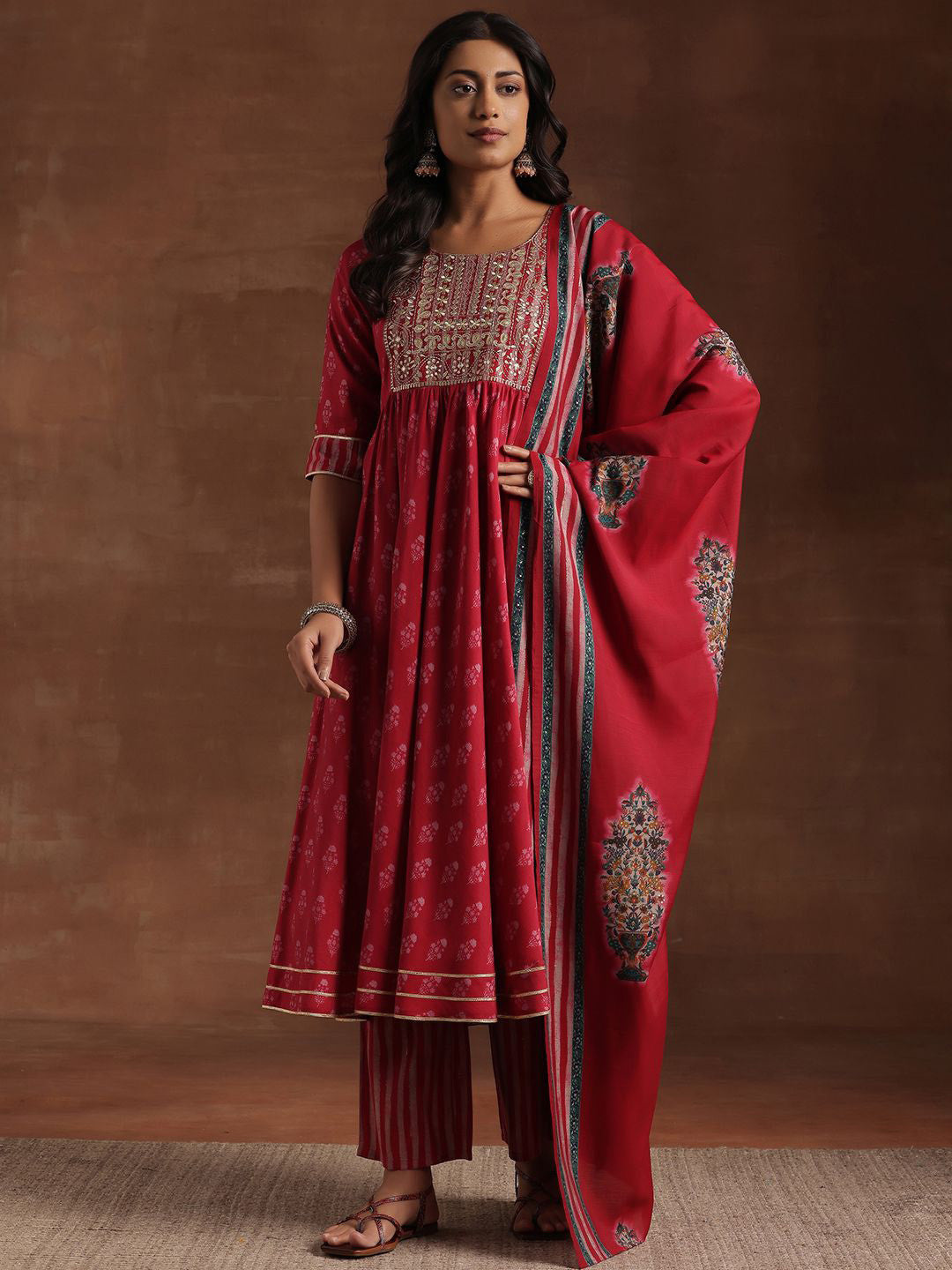 Womens Pink Printed Anarkali Kurta With Trousers & Dupatta