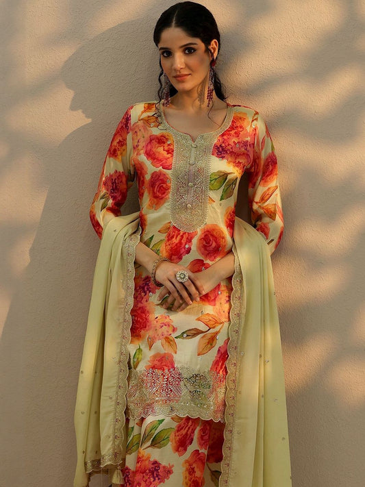 Dhiyona LL Women Floral Printed Above Knee Regular Straight Kurta with Palazzos & Dupatta