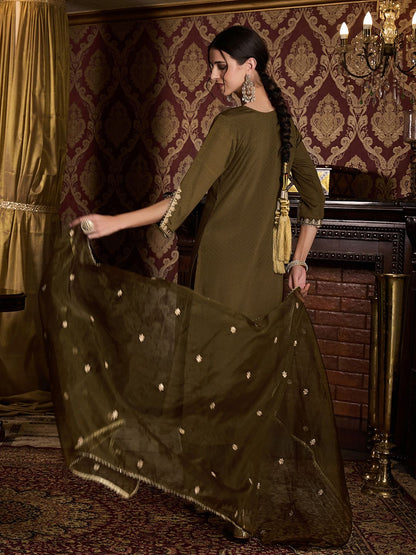 Dhiyona CH Floral Embroidered Round Neck Thread Work Kurta With Trousers & Dupatta