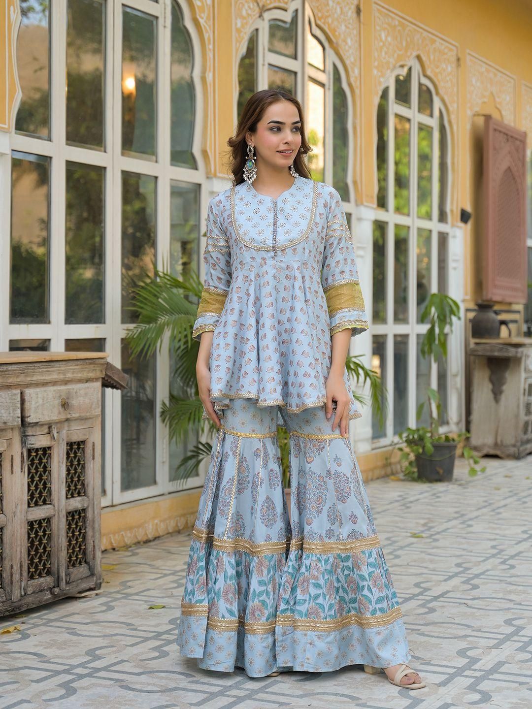Dhiyona KL Women Blue Viscose Rayon Kurti With Sharara & Dupatta
