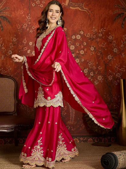 Women Ethnic Motifs Embroidered Regular Kurta with Sharara & With Dupatta