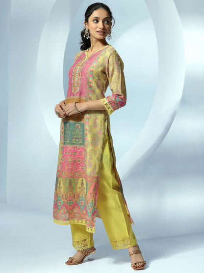 Women's LB Yellow Printed Linen Straight Suit With Dupatta