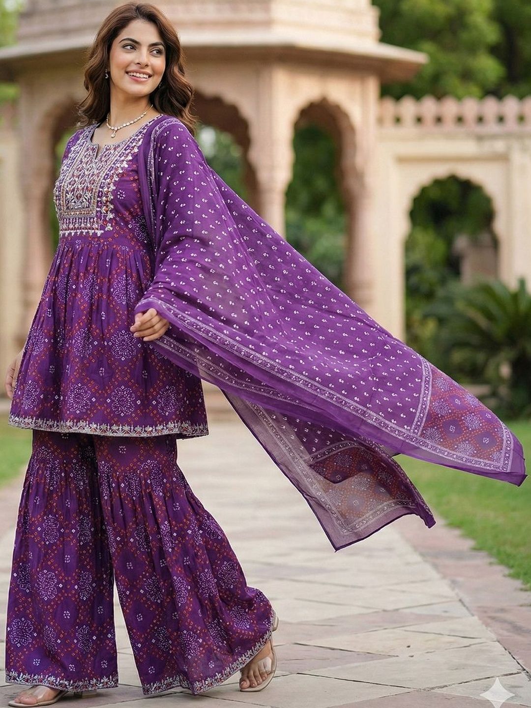Dhiyona AN Women Ethnic Motifs Printed Empire Thread Work Pure Cotton Kurta with Sharara & With Dupatta