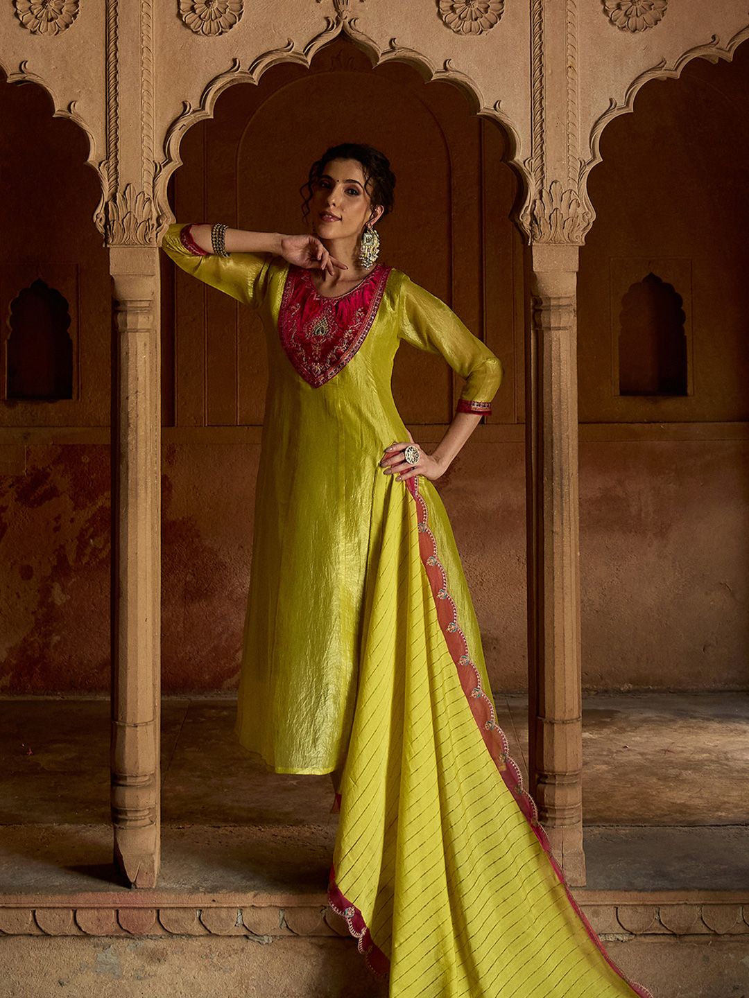 Dhiyona CH Floral Embroidered Sequinned A-Line Kurta With Trousers & Dupatta