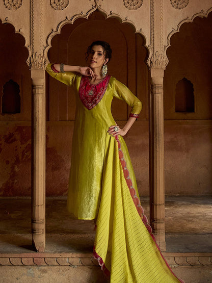 Dhiyona CH Floral Embroidered Sequinned A-Line Kurta With Trousers & Dupatta