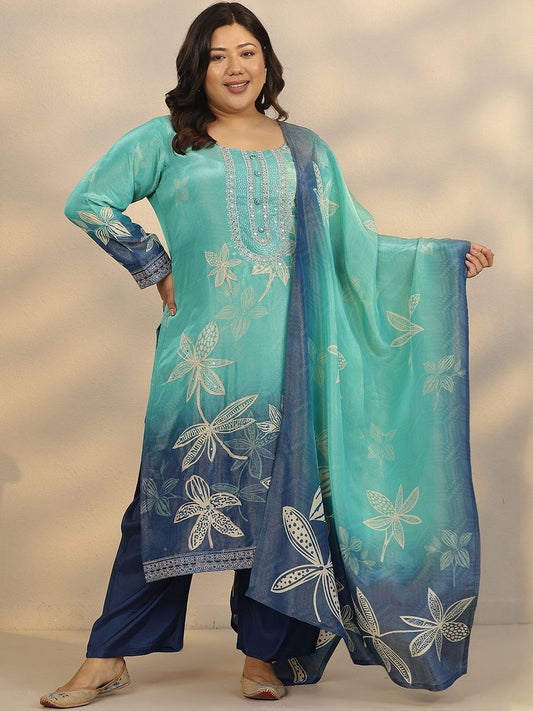 Dhiyona Women's Plus Size Floral Printed Straight Kurta With Palazzos & Dupatta