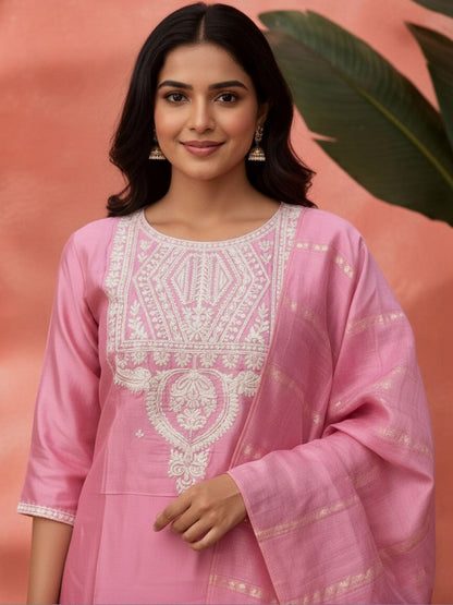 Embroidered Mandarin Collar Kurta & Trousers with Dupatta