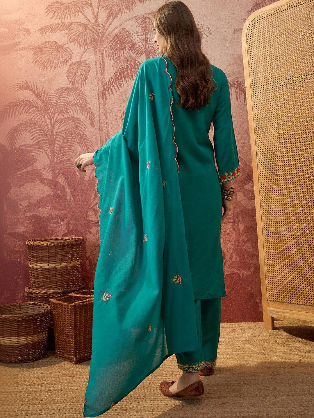 Embroidered Square Neck Kurta & Trousers With Dupatta