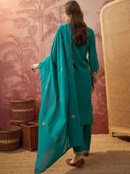 Embroidered Square Neck Kurta & Trousers With Dupatta