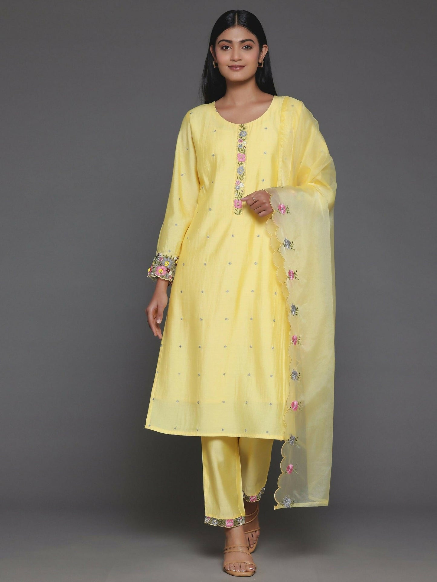 Women's LB Yellow Embroidered Silk Blend Straight Suit With Dupatta