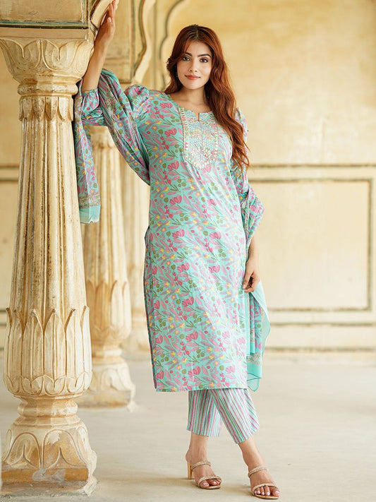 Dhiyona KL Floral Printed Mirror Work Pure Cotton Straight Kurta With Trousers & Dupatta