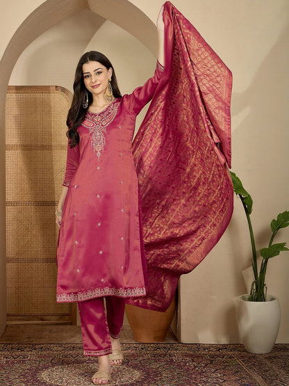 Women Ethnic Motifs Embroidered Regular Thread Work Kurta with Trousers & With Dupatta