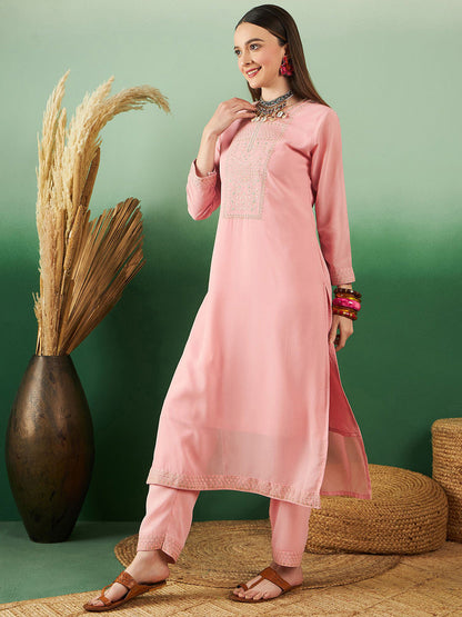 Embroidered Straight Kurta & Trousers