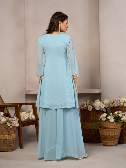 Dhiyona CH Floral Embroidered Round Neck Beads And Stones A-Line Kurta With Palazzos