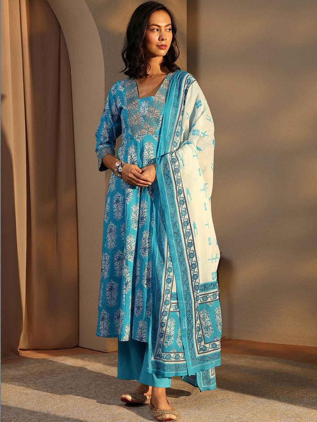 Blue Floral Printed Cotton A-line Suit Set