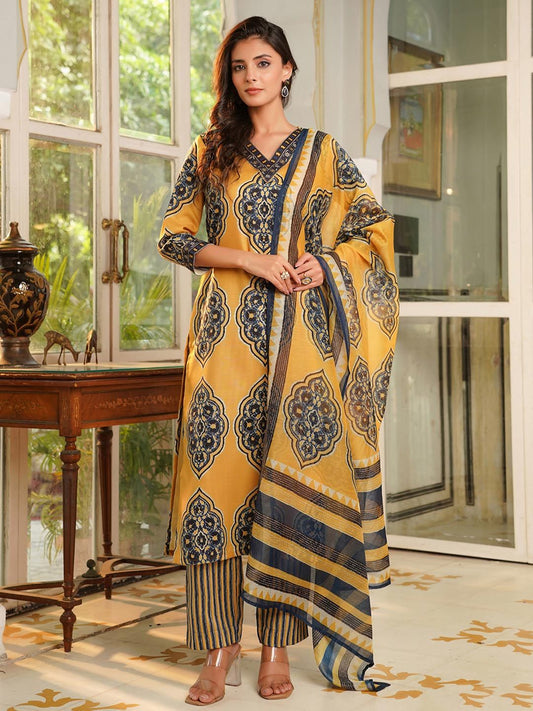 Dhiyona KL Women Ethnic Motifs Printed Regular Straight Kurta with Trousers & Dupatta