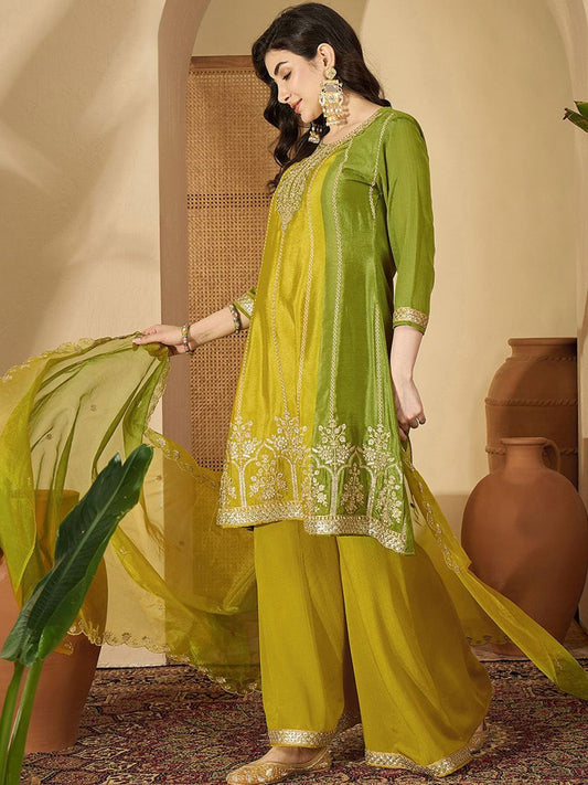 Dhiyona SN Floral Embroidered Round Neck Zari Kurta With Palazzos & Dupatta