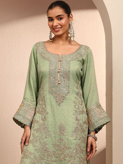 Dhiyona LL Women Ethnic Motifs Embroidered Regular Thread Work Kurta with Palazzos & With Dupatta