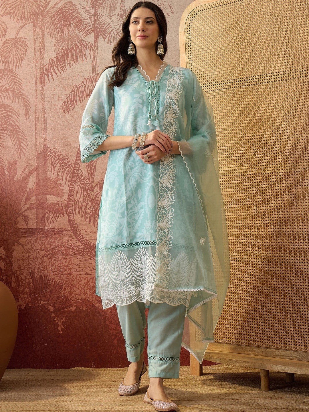 Printed V-Neck Kurta & Trousers Kurta Set
