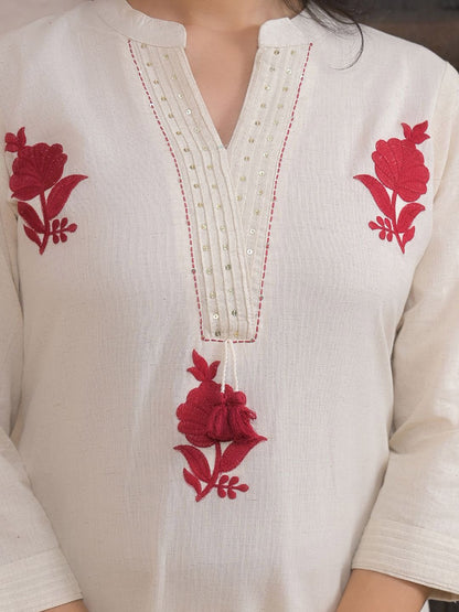 Dhiyona IE Embroidered Pure Cotton Mandarin Collar Neck Tunic With Palazzo