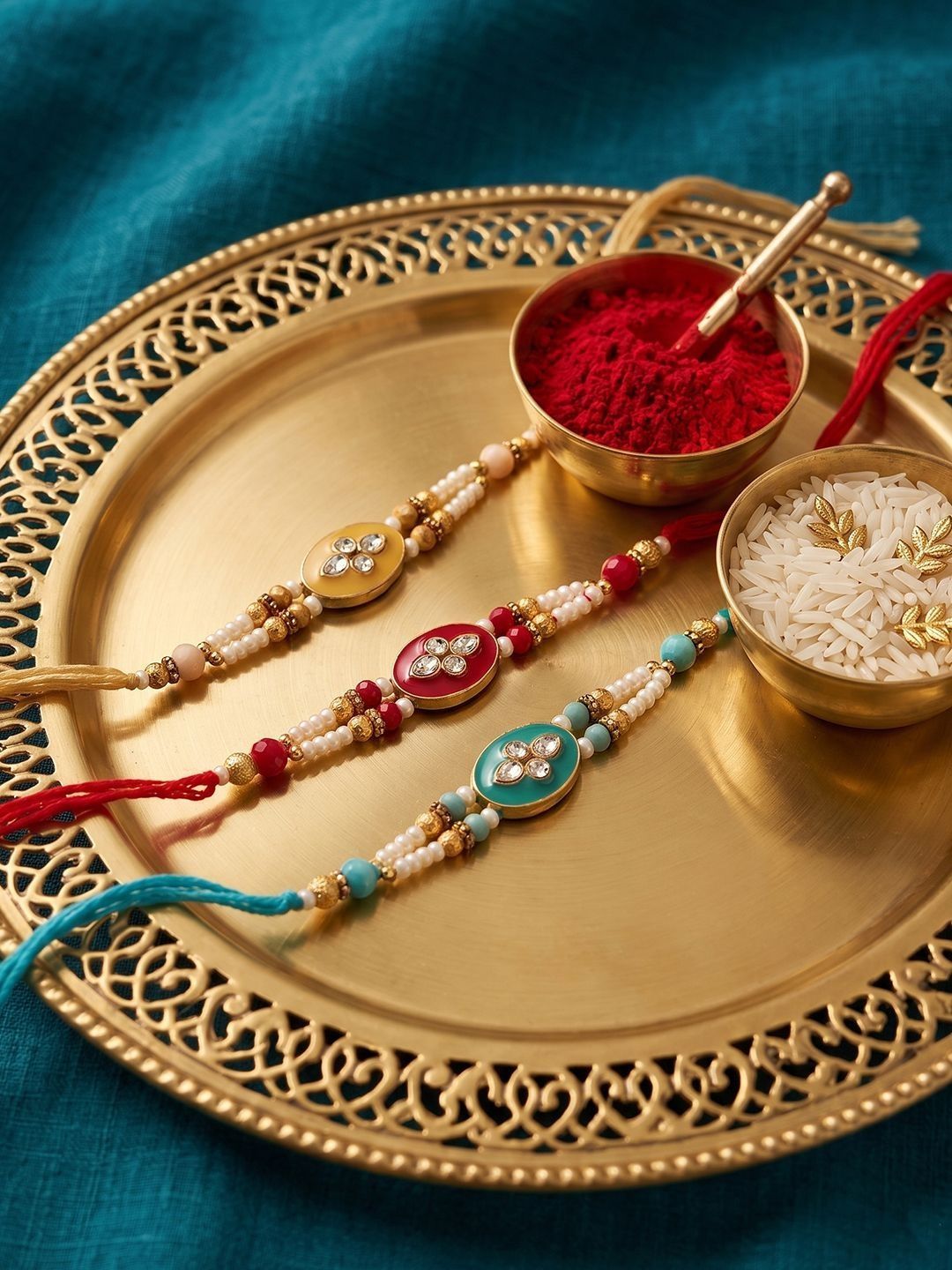 Dhiyona Set Of 3 Multicolor Artificial Beads & White Pearls Thread Rakhi With Roli Chawal