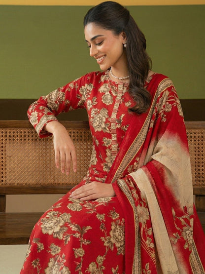 Printed Cotton Round Neck Kurta & Trousers With Dupatta