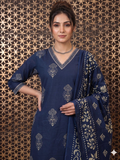 Printed Pure Cotton V-Neck Kurta & Trousers With Dupatta