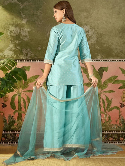 Woven Desig Round Neck Kurta & Palazzos With Dupatta