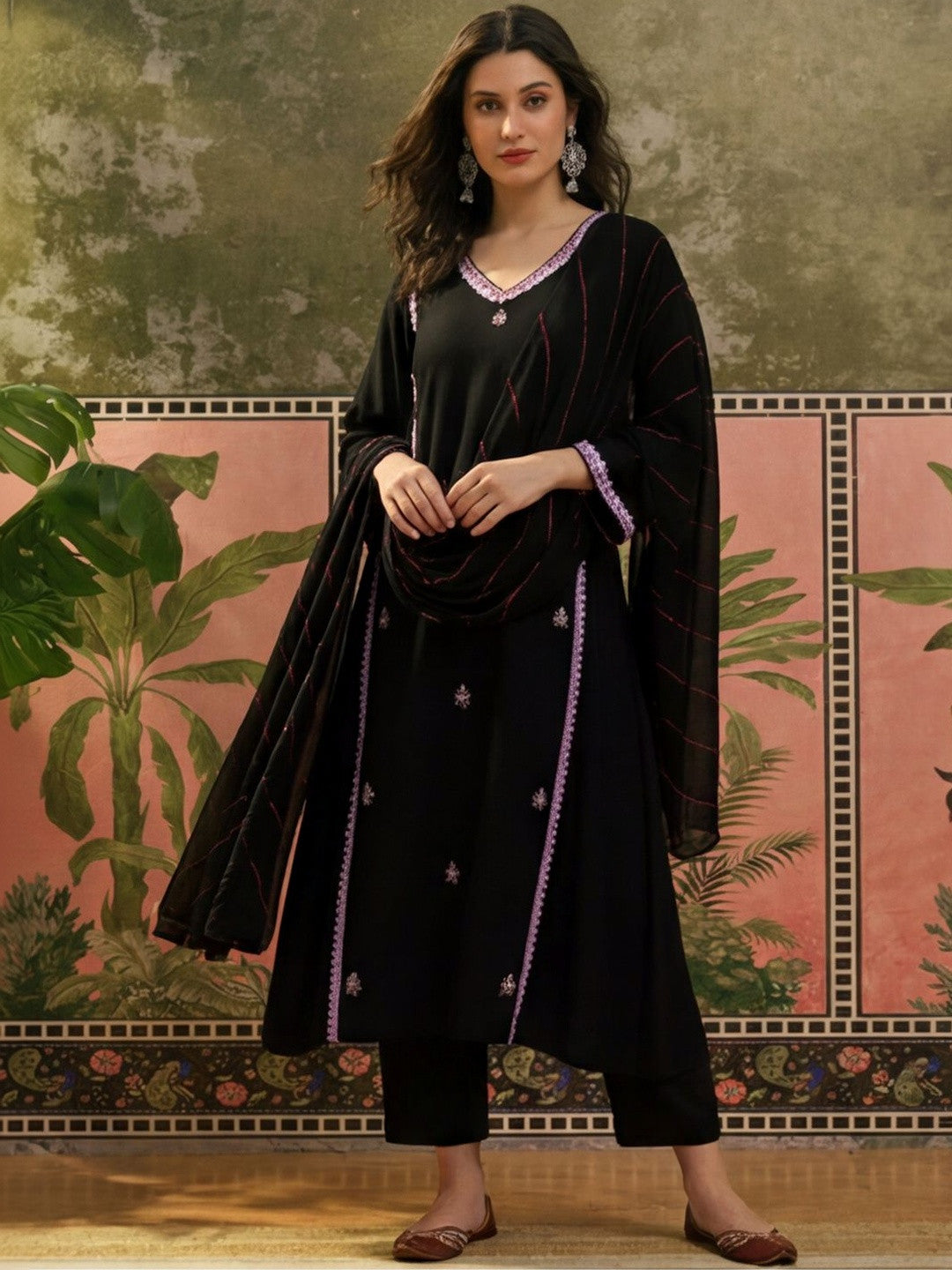 Embroidered V-Neck A-Line Kurta & Trousers With Dupatta