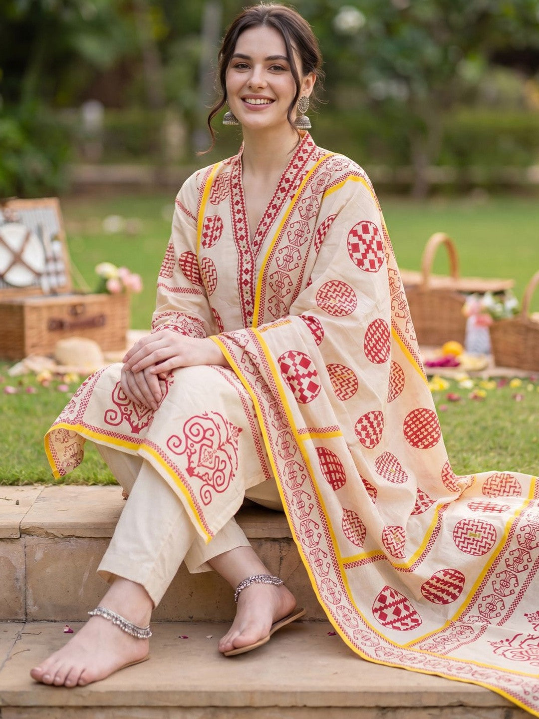 Women Ethnic Motifs Printed Regular Pure Cotton Kurta with Trousers & With Dupatta