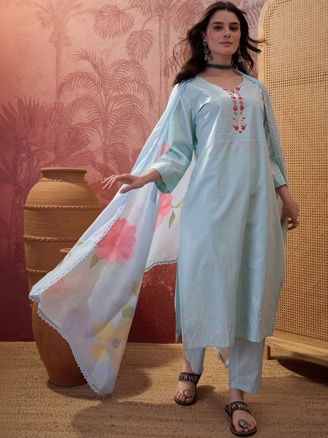 Dhiyona SN Printed Pure Cotton V Neck Kurta Sets