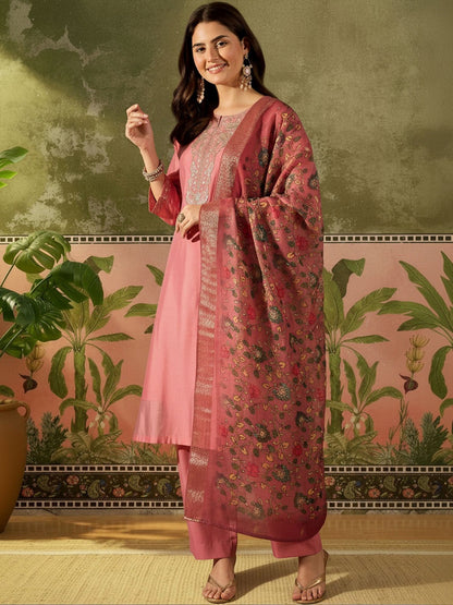Yoke Design Round Neck Kurta & Trousers With Dupatta