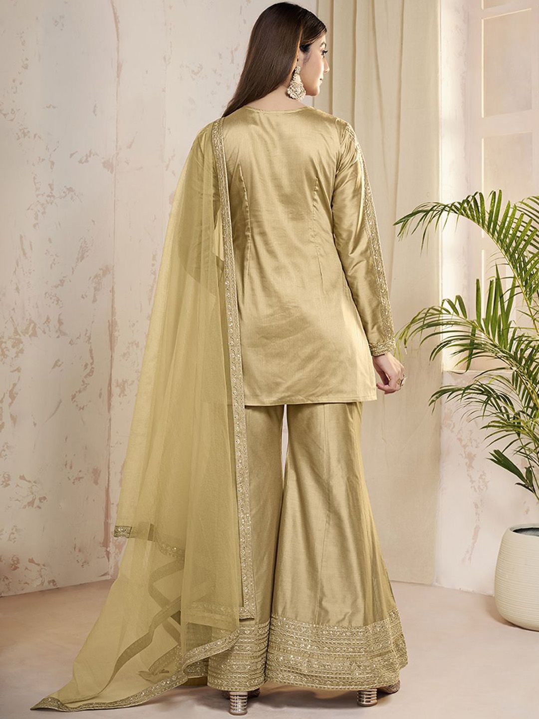 Dhiyona IN Ethnic Motifs Embroidered Sequinned Straight Kurti With Sharara And Dupatta